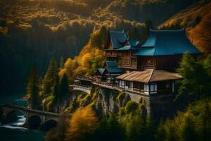 a beautiful chinese temple on a mountain side. AI-Generated photo