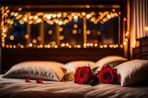 a bed with two red roses and a candle. AI-Generated photo