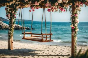 a beach wedding with a swing. AI-Generated photo