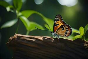 un mariposa es sentado en un Iniciar sesión en el Dom. generado por ai foto