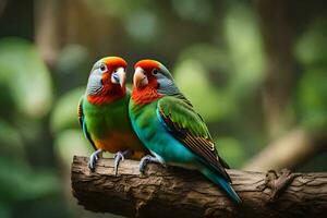 two colorful birds sitting on a branch. AI-Generated photo