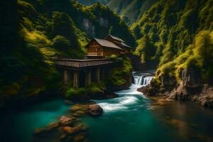 a small wooden house sits on a bridge over a river. AI-Generated photo