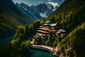 a monastery sits on a mountain overlooking a lake. AI-Generated photo