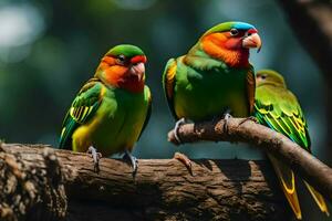 two colorful birds sitting on a branch. AI-Generated photo