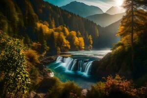 the sun shines over a waterfall in the mountains. AI-Generated photo