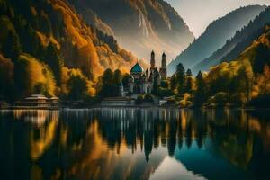 a castle sits on the edge of a lake surrounded by mountains. AI-Generated photo