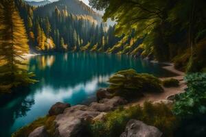 a beautiful lake surrounded by trees and rocks. AI-Generated photo