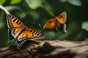two butterflies are sitting on a log. AI-Generated photo