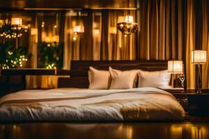 un cama con blanco hojas y lamparas en un habitación. generado por ai foto