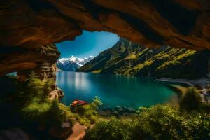 el lago es rodeado por montañas y el montañas son rodeado por agua. generado por ai foto