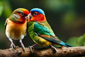 two colorful birds are sitting on a branch. AI-Generated photo