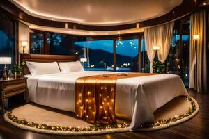 a bedroom with a bed and a window overlooking the ocean. AI-Generated photo