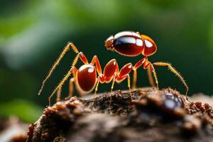 a red ant is standing on top of a tree. AI-Generated photo