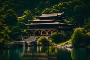 a chinese pagoda sits on the edge of a lake. AI-Generated photo