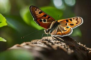 a butterfly is sitting on a tree trunk. AI-Generated photo