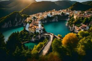 the sun rises over the lake and the village of borovec. AI-Generated photo