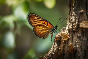 un mariposa es encaramado en un árbol trompa. generado por ai foto