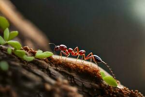 an ant is walking on a tree trunk. AI-Generated photo