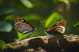 dos mariposas son sentado en un registro. generado por ai foto