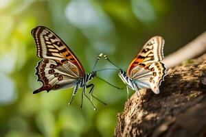 dos mariposas son sentado en un árbol rama. generado por ai foto