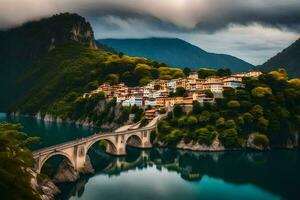 el puente terminado el lago en Italia. generado por ai foto