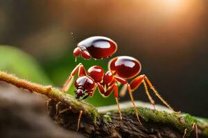 dos rojo hormigas en un rama con el Dom en el antecedentes. generado por ai foto