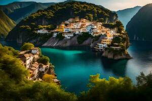 el pueblo de persona es encaramado en un acantilado con vista a el agua. generado por ai foto