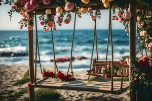 a swing on the beach with flowers. AI-Generated photo