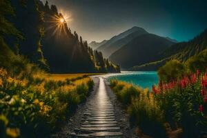 photo wallpaper the sky, mountains, flowers, path, lake, sunset, the sun, the. AI-Generated