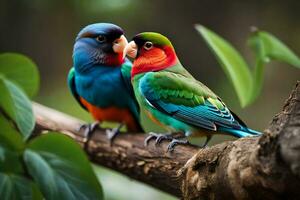 two colorful birds sitting on a branch. AI-Generated photo