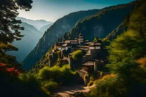 el monasterio es anidado en el montañas. generado por ai foto