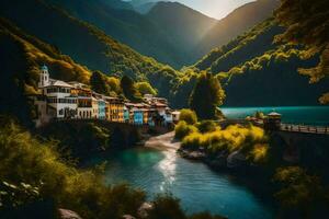 the sun shines on a village in the mountains. AI-Generated photo