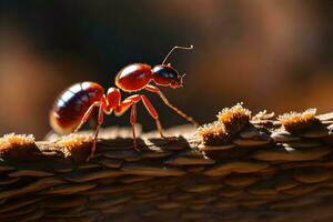 an ant is standing on a log. AI-Generated photo