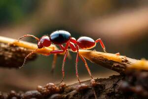 un rojo hormiga en un rama. generado por ai foto