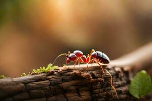 an ant is standing on a branch with a green background. AI-Generated photo
