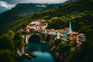 un puente terminado un río en el montañas. generado por ai foto