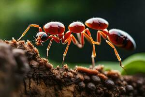 un rojo hormiga es caminando en un árbol trompa. generado por ai foto