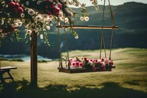 a swing with flowers in the middle of the field. AI-Generated photo