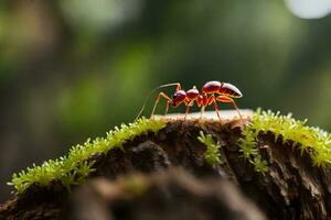 an ant is standing on top of a moss covered stump. AI-Generated photo