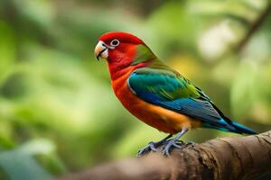 a colorful bird is sitting on a branch. AI-Generated photo