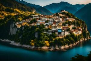 a small village on top of a mountain surrounded by water. AI-Generated photo