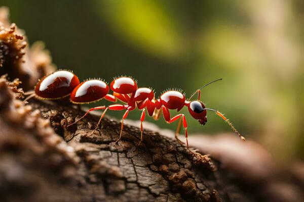 a red ant on a tree trunk. AI-Generated