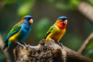 two colorful birds sitting on a branch. AI-Generated photo