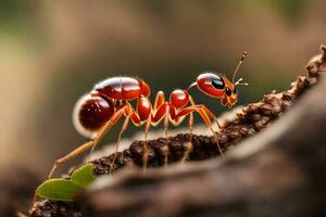un hormiga es gateando en un rama. generado por ai foto