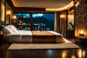 a bedroom with a view of the mountains at night. AI-Generated photo