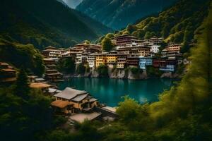 a village sits on the edge of a lake surrounded by mountains. AI-Generated photo