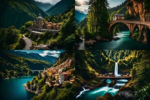 four different pictures of a river, mountains and a bridge. AI-Generated photo