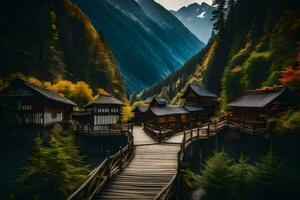 a wooden bridge leads to a village in the mountains. AI-Generated photo