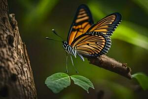 un mariposa es sentado en un rama en el bosque. generado por ai foto