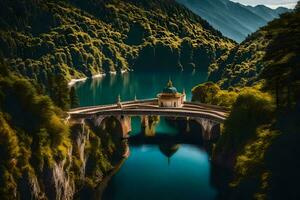 el puente terminado el lago en el montañas. generado por ai foto